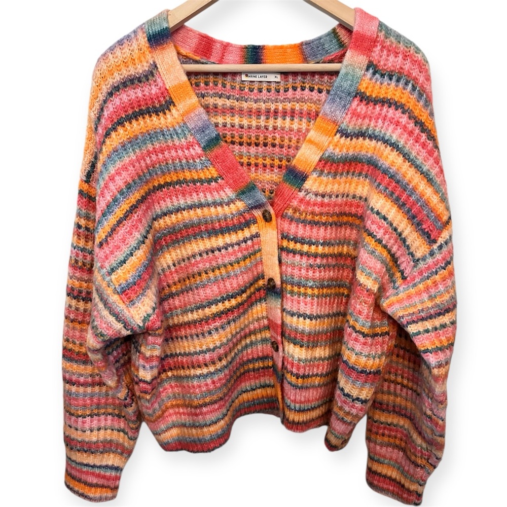 Multi-Color Striped V-Neck Cardigan Sweater - Pink/Orange/Blue